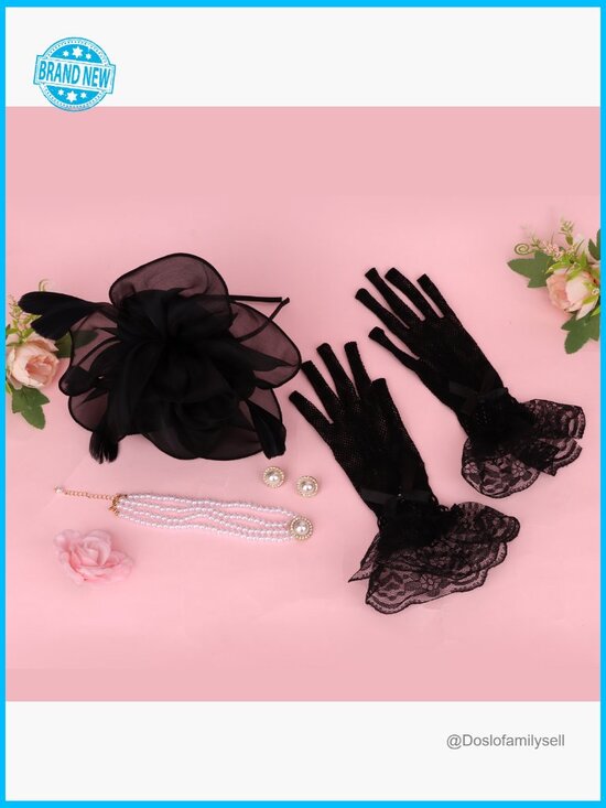 Fascinator Hat Set with Lace Gloves Pearl Necklace Earrings Feather Derby Hat main image 4
